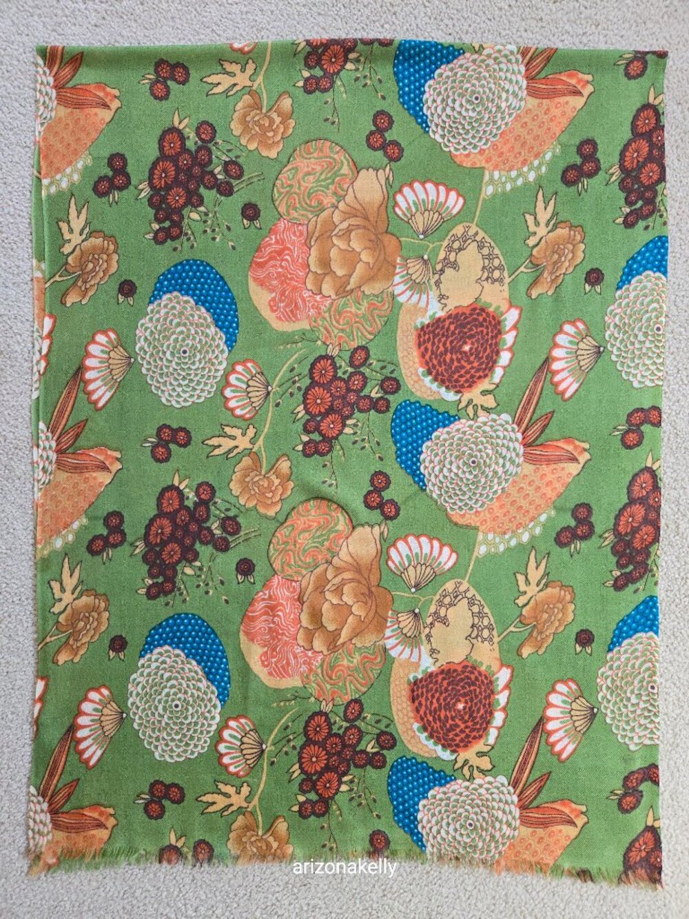 J. Peterman Scarf Wool/Silk Blend Botanical Flowers Green - Picture 9 of 14